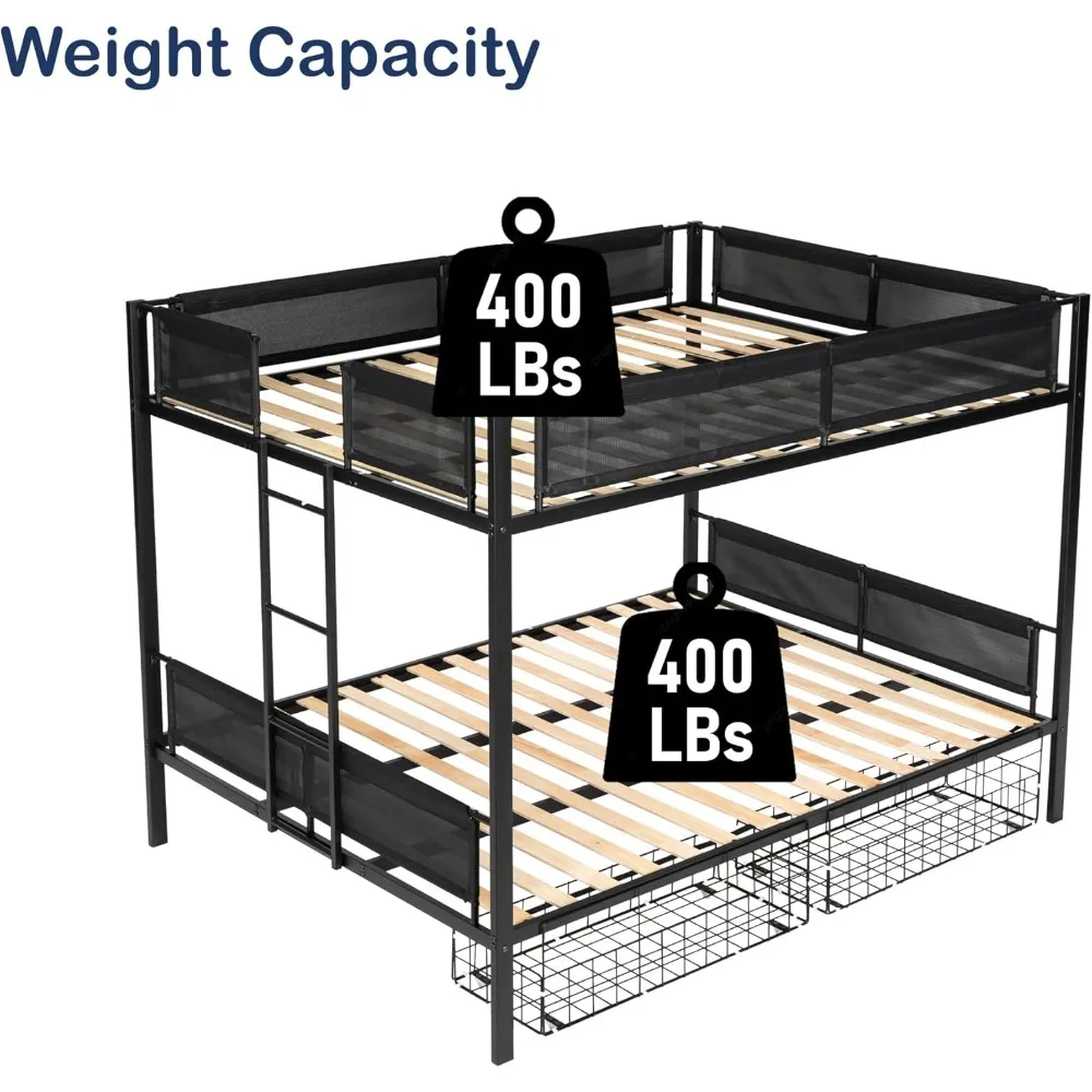 Bunk Bed, Dormitory Bed， Queen Over Queen Bunk Bed With Storage Drawers & Wood Slat Support & Ladder & Safety Rails For Kids/A