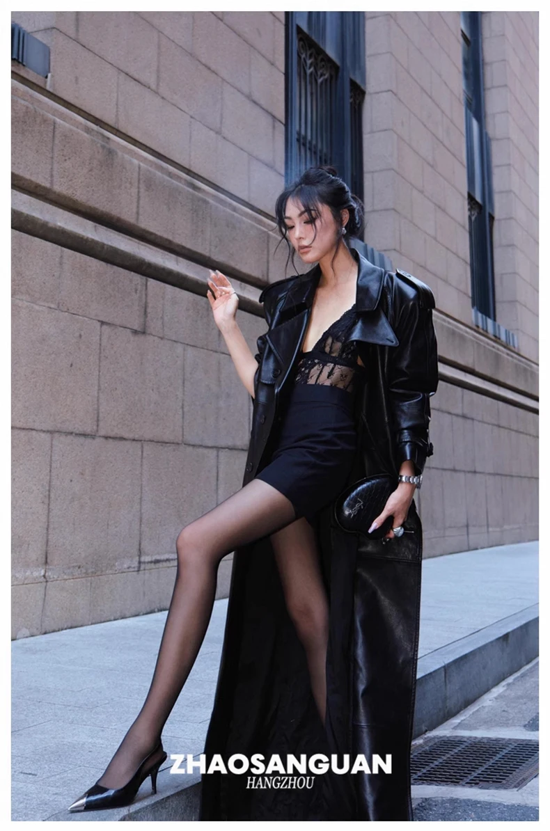Lautaro Spring Autumn Cool Extra Long Black Loose Pu Leather Trench Coat for Women with Shoulder Pads Belt European Fashion 2024