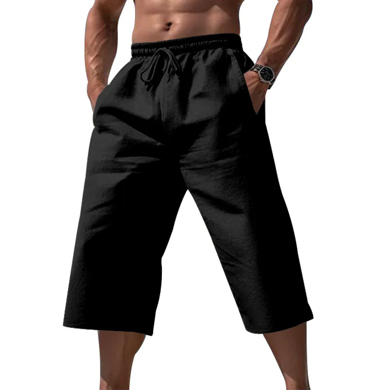 

Летние мужские новые стильные льняные свободные брюки-капри, мужские повседневные дышащие шорты, подходящие повседневные спортивные прямые брюки