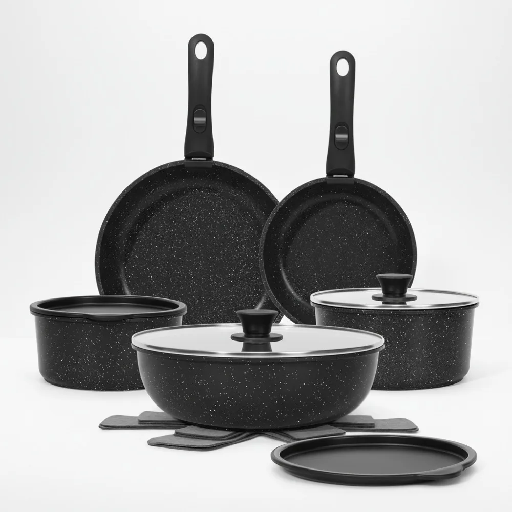 

15Pcs Non Stick Cookware Set with Removable Handles, Oven & Induction Safe, Stackable for RV Kitchen