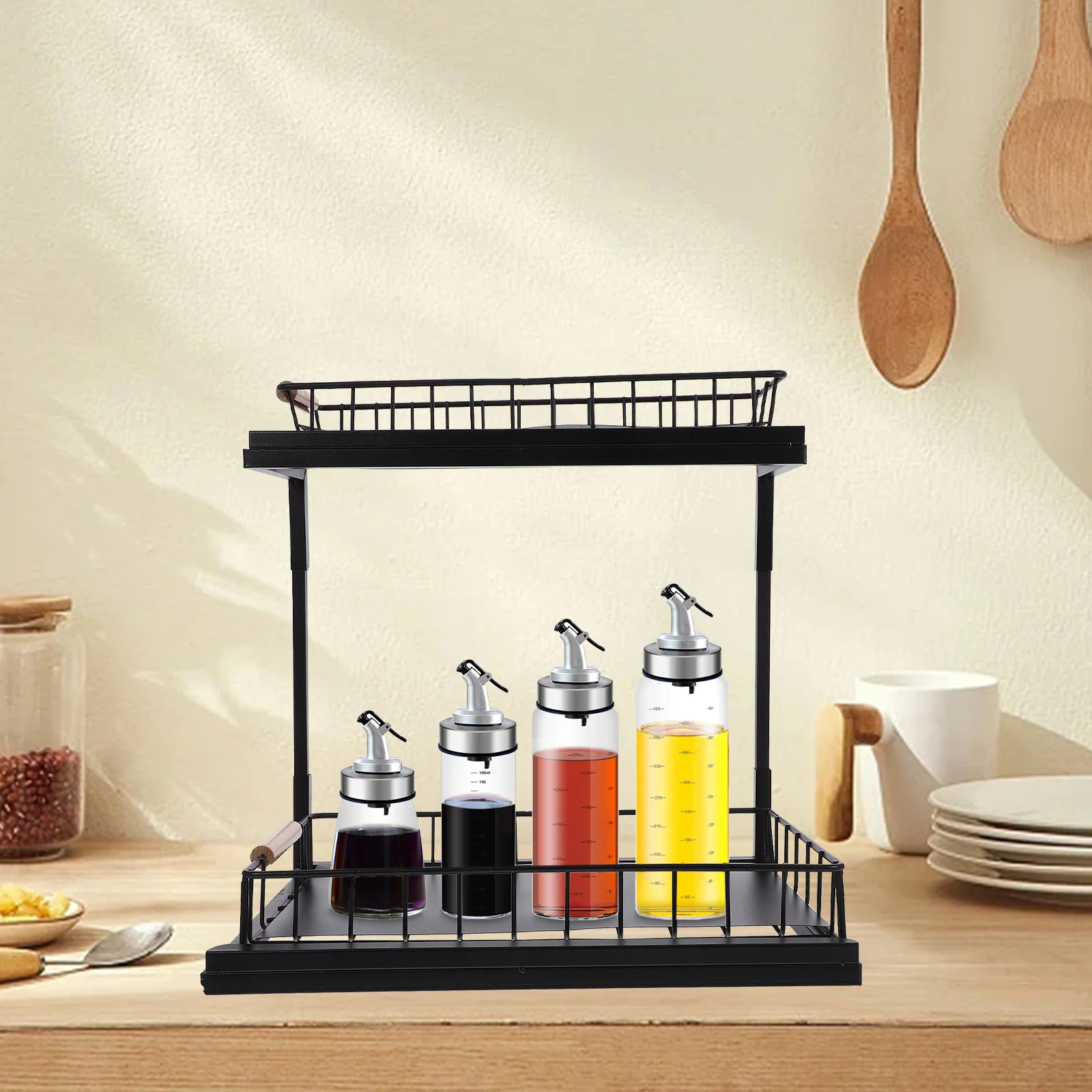 

Under Sink Organizer Pull Out 2-Tier Cabinet Organizer Slide Out Spice Rack Kitchen Countertop Storage Holder Guardrail