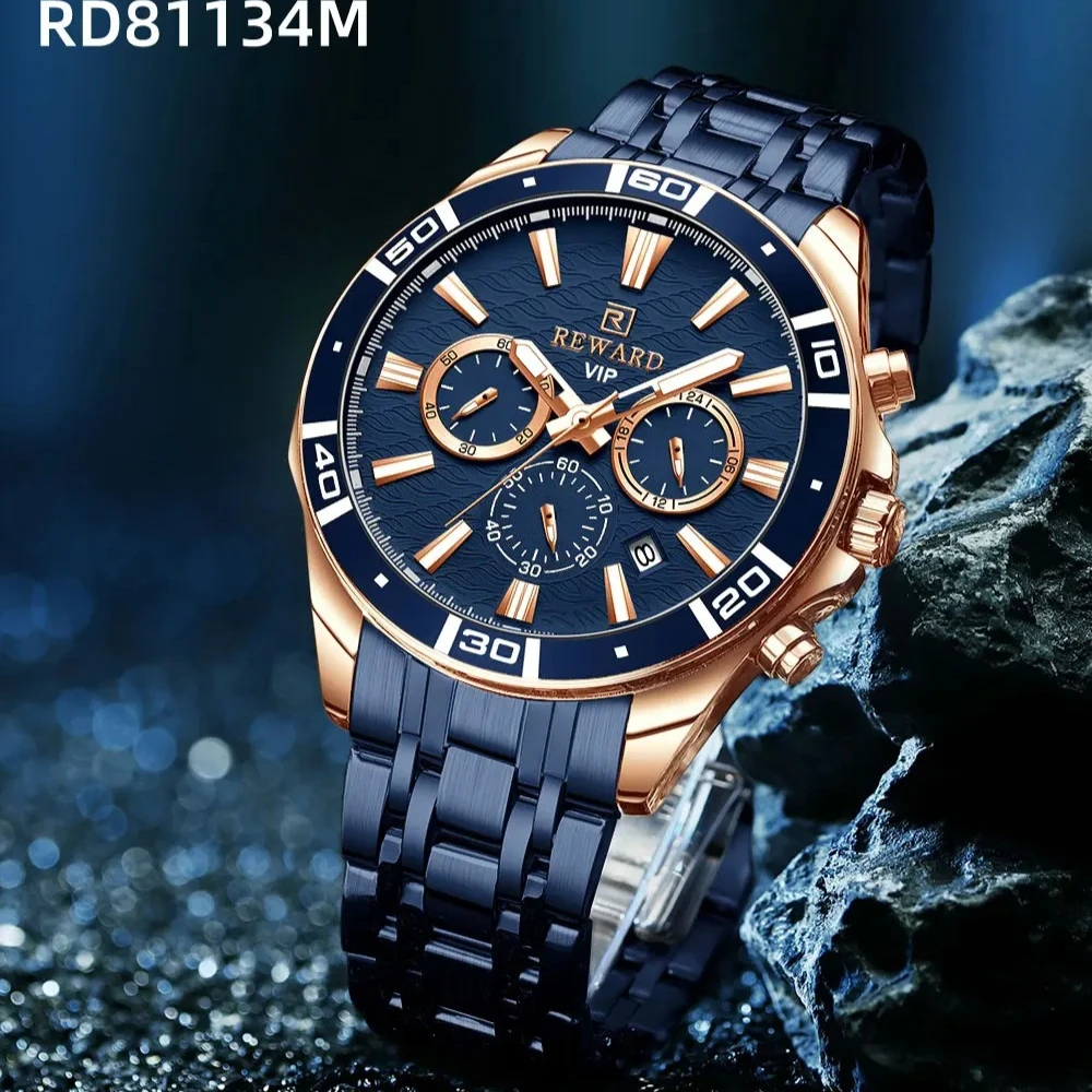 مكافأة 81134 العلامة التجارية الفاخرة رجال الأعمال ساعة كوارتز كرونوغراف تاريخ تلقائي مقاوم للماء قطاع الصلب ساعات الموضة للرجل