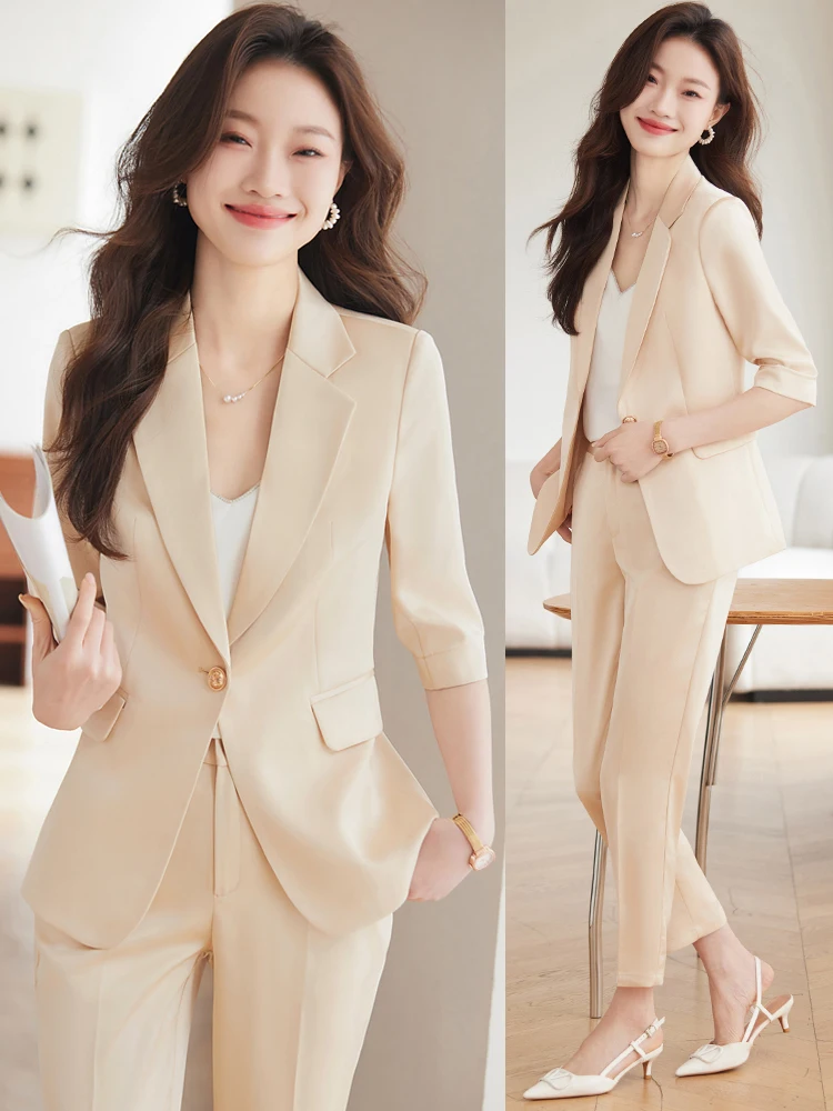 

Champagne Color Acetate Satin Jacket Women's Spring New High-End Seven-Sleeve Professional Workwear Suit Commute Style Pure C...