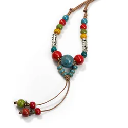 Ceramic Harmony Necklace – Artisan Bohemian Ethnic Turquoise Inlay Multicolor Adjustable Leather Cord Handcrafted X865