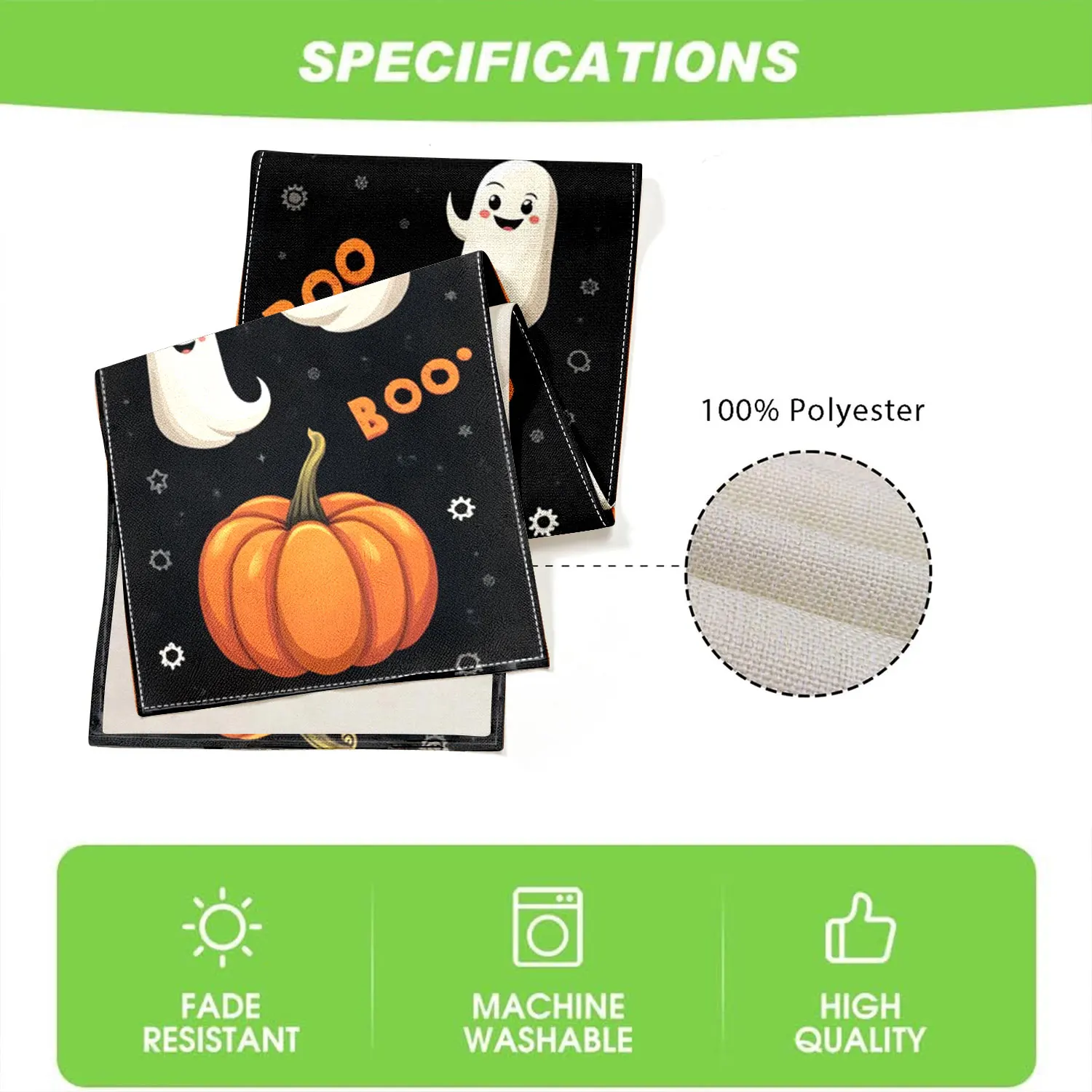 قطعة واحدة من مفرش طاولة بطابع الهالوين بأنماط لطيفة، تتميز بالقرع والأشباح والكلمة "Boo" مناسبة لتزيين حفلات الهالوين