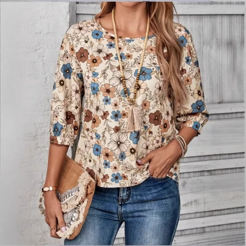 

Elegant Chic Lady Vintage Short Sleeve O Neck Slim Casual T-shirt Streetwear Summer Women Floral Print Shirt Top