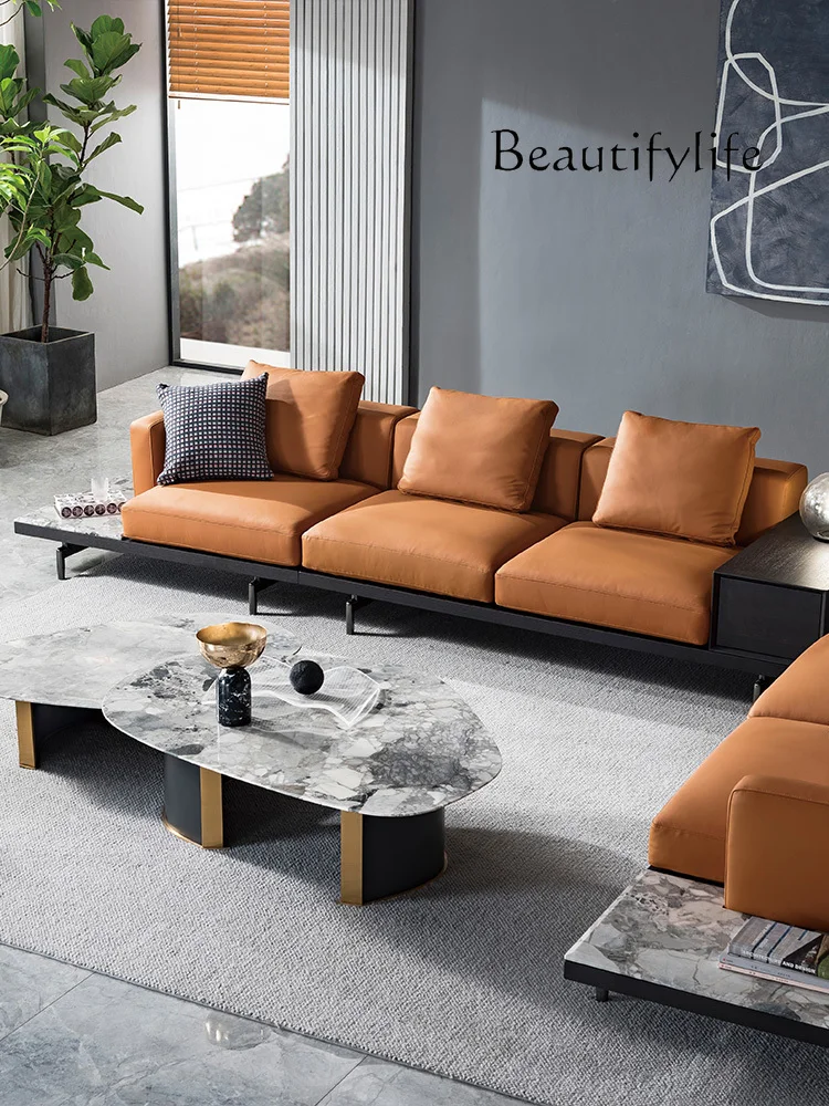 

Modern minimalist leather sofa combination Italian light luxury solid wood marble storage sofa designer