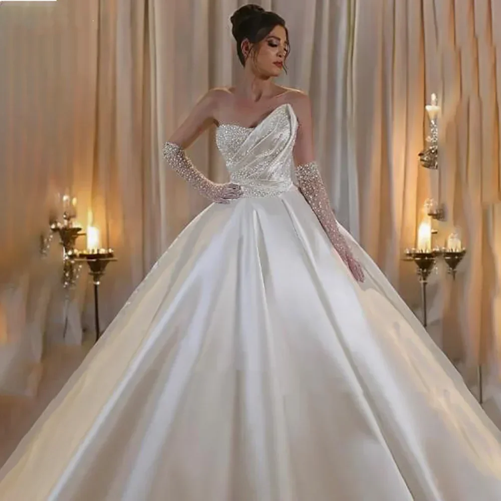 

Elegant Satin A-line Princess Wedding Dress Ruffled Edges Strapless Sequins Bridal Dance Dress Vest Customization