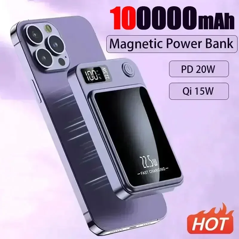 100000mAh Portable Macsafe Magnetic Power Bank Fast Wireless Charger For iphone 12 13 14 Pro Max External Auxiliary Battery Pack