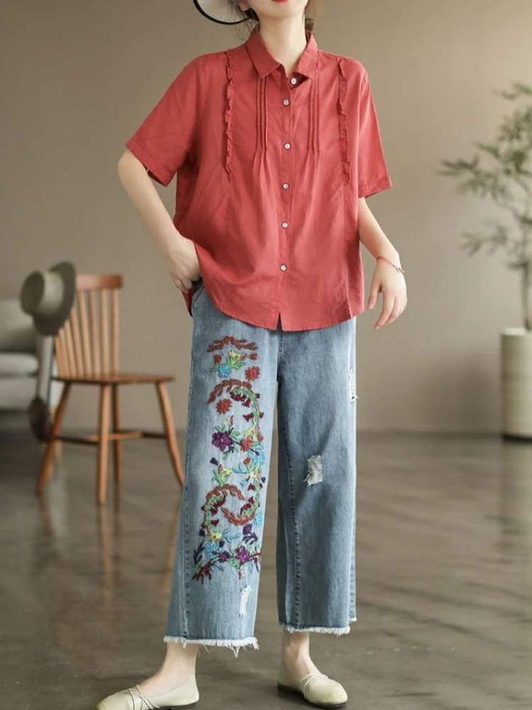 

Women's Straight Leg Pants Summer 2026 Cotton Washed Denim Embroidery Raw Edge Vintage Style Cropped