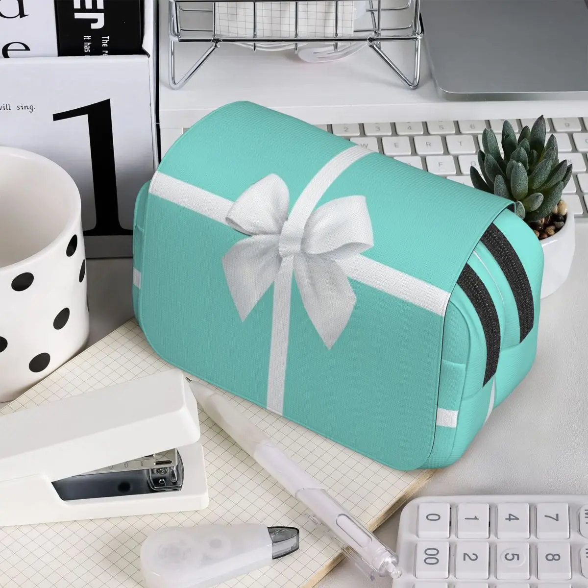 Türkise Geschenkbox mit weißer Schleife, Federmäppchen für Jungen und Mädchen, Schule, Stiftbox, Bleistiftbeutel, Schreibwaren, Stifthalter, Tasche