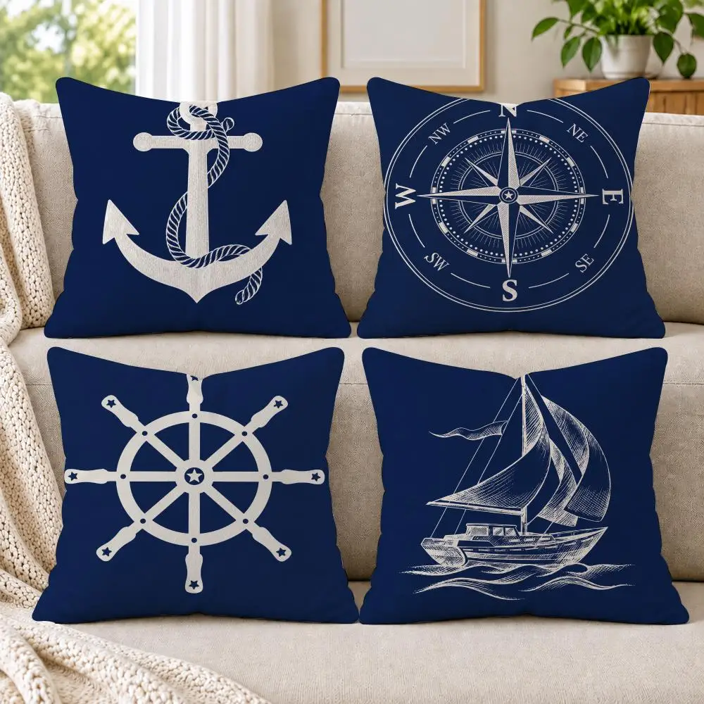Navy Blue Nautical Coastal Cushion Cover Soft Short Plush Pillow Cases Hidden Zipper Cutecore Sofa Bedroom Home Decor Gift