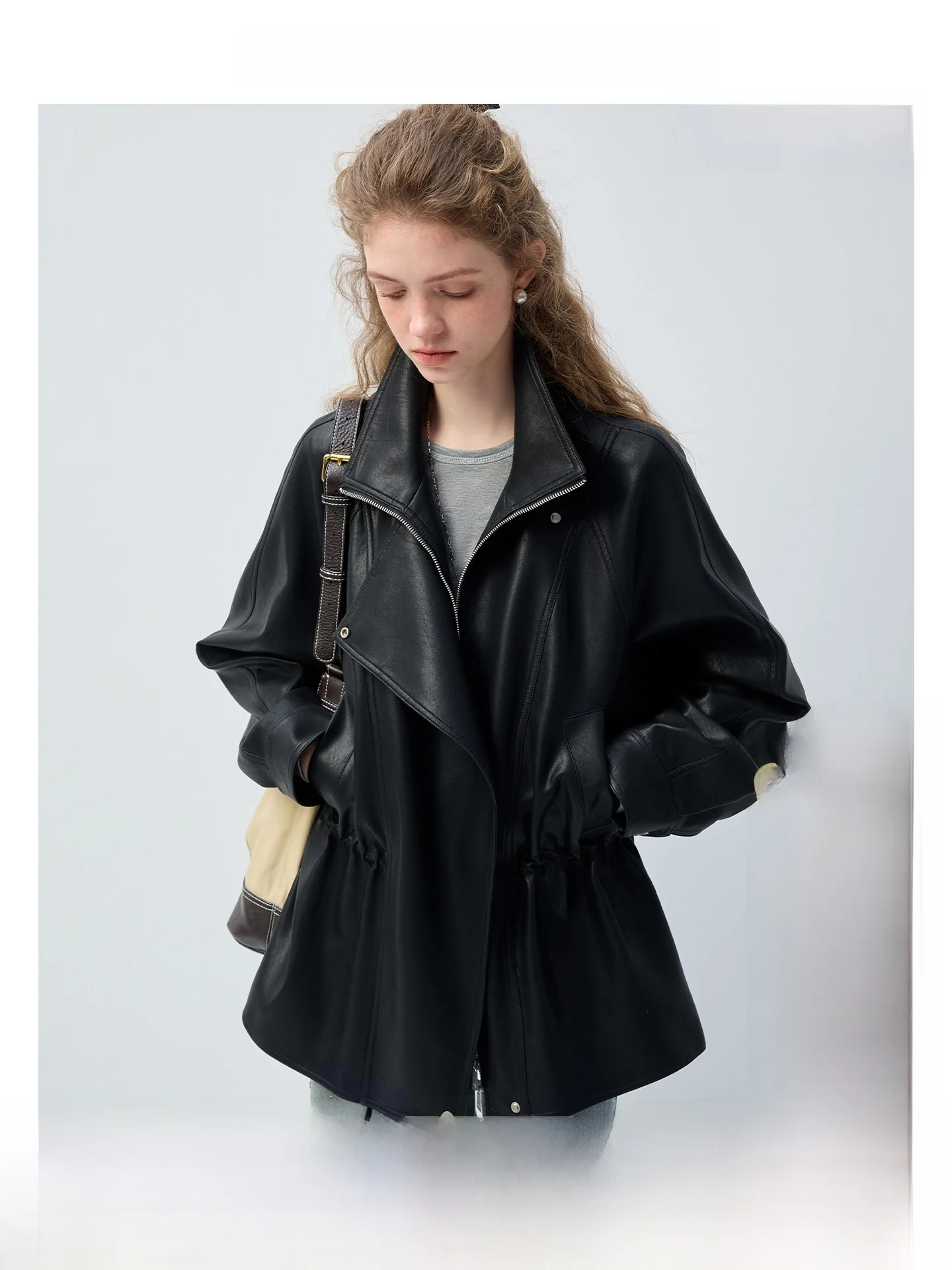 

High Intelligence Black VEGA CHANG Matte Black Women's Cool Leather Jacket Windproof Waterproof Waist-cinching Spring Outerwear