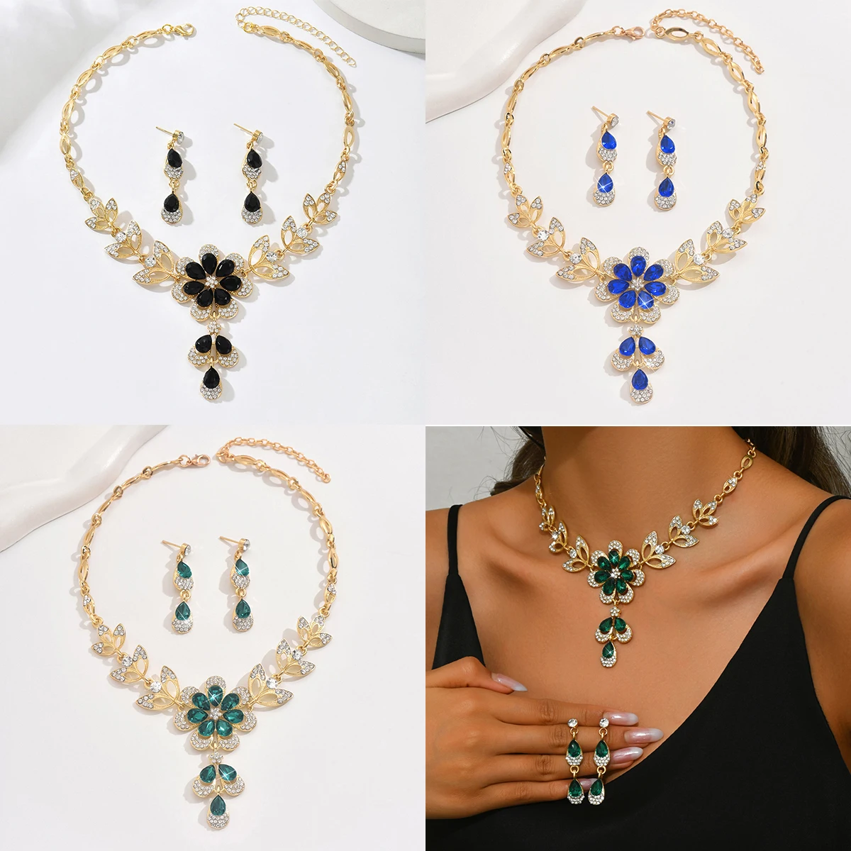 

Light Luxury Flower Jewelry Set Women Banquet Flash Crystal Necklace Earrings Sets Bride Wedding Anniversary Jewelry Accessories