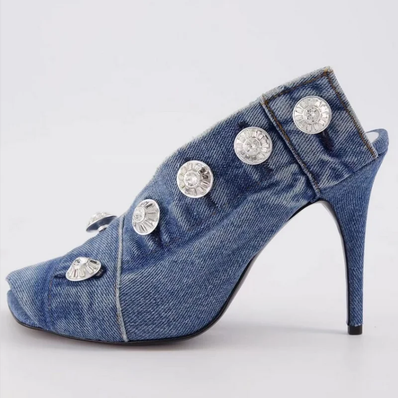 FHC 2024 New Women High Heels Denim Sandals,Metal Rivets Summer Shoes,Back Hollow Out,Square Toe,Big Size 34-44,Blue,Dropship