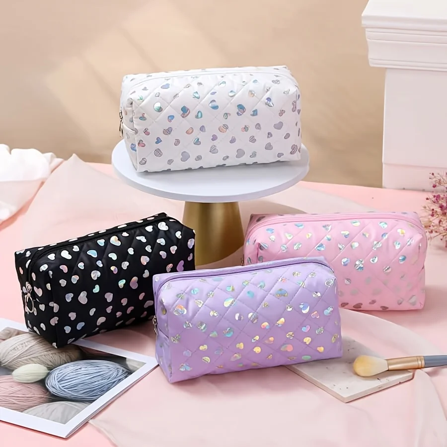 1 PC Laser Heart Quilted Cosmetic Bag, Women's Large-Capacity Zipper Portable Travel Storage Bag Available in 4 Colors