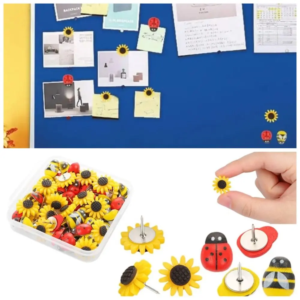 30Pcs Portable Bees Sunflower Pushpins DIY 3D Board Push Pin with Box Creative Colored Flower Push Pins Wall Markers