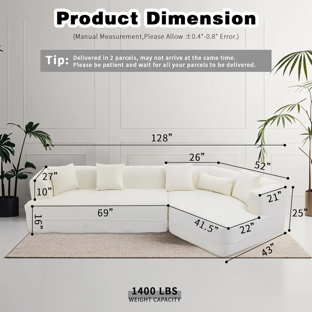 128” Modular Sectional Sofa, Comfy Upholstered L Shaped Sofa with 5 Pillows, Anti-Wrinkle Fabric, Modern Minimalist Sofa