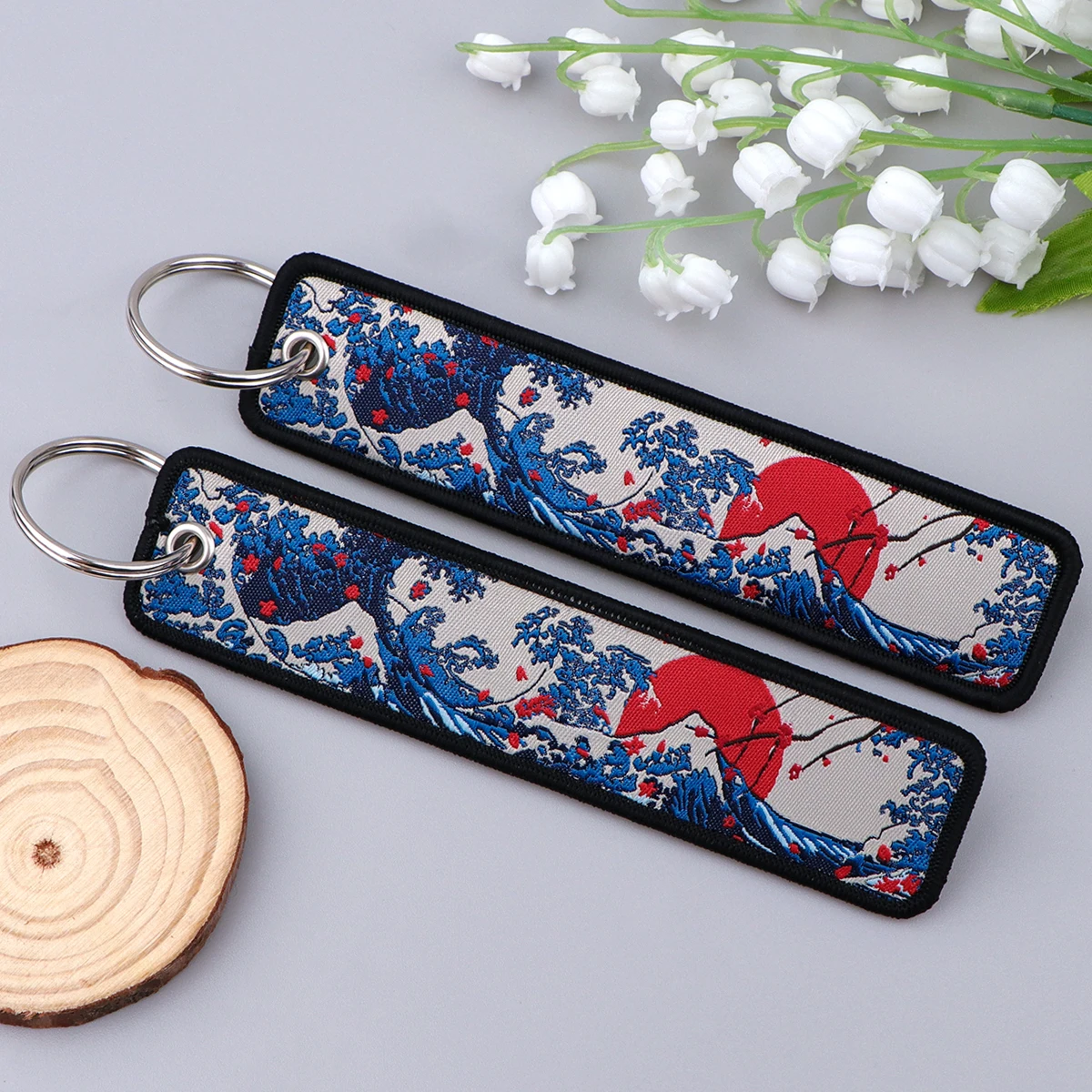 Japanese Waves Art Drawing Embroidery Key Fobs Backpack Key Tags Motorcycles Keychain Keyrings Accessories Gifts for Friends