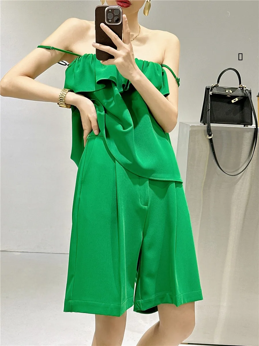 

Summer New een High Waist Wide Leg Pants Set Women's Faionable Two-Piece Suit with ter Top Polyester ort orts