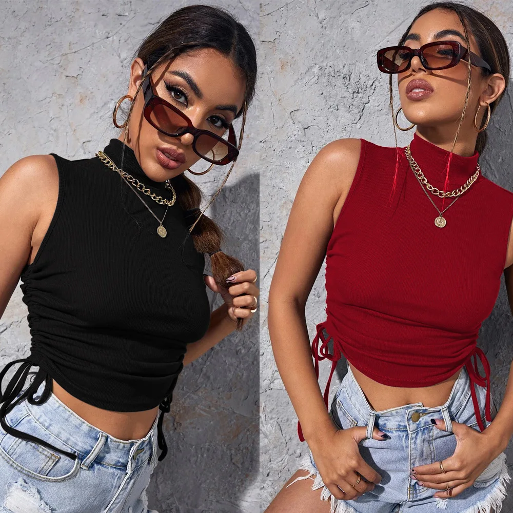 Women Ins Street Sports Drawstring High Neck Sleeveless Knit Vest T-Shirt Top