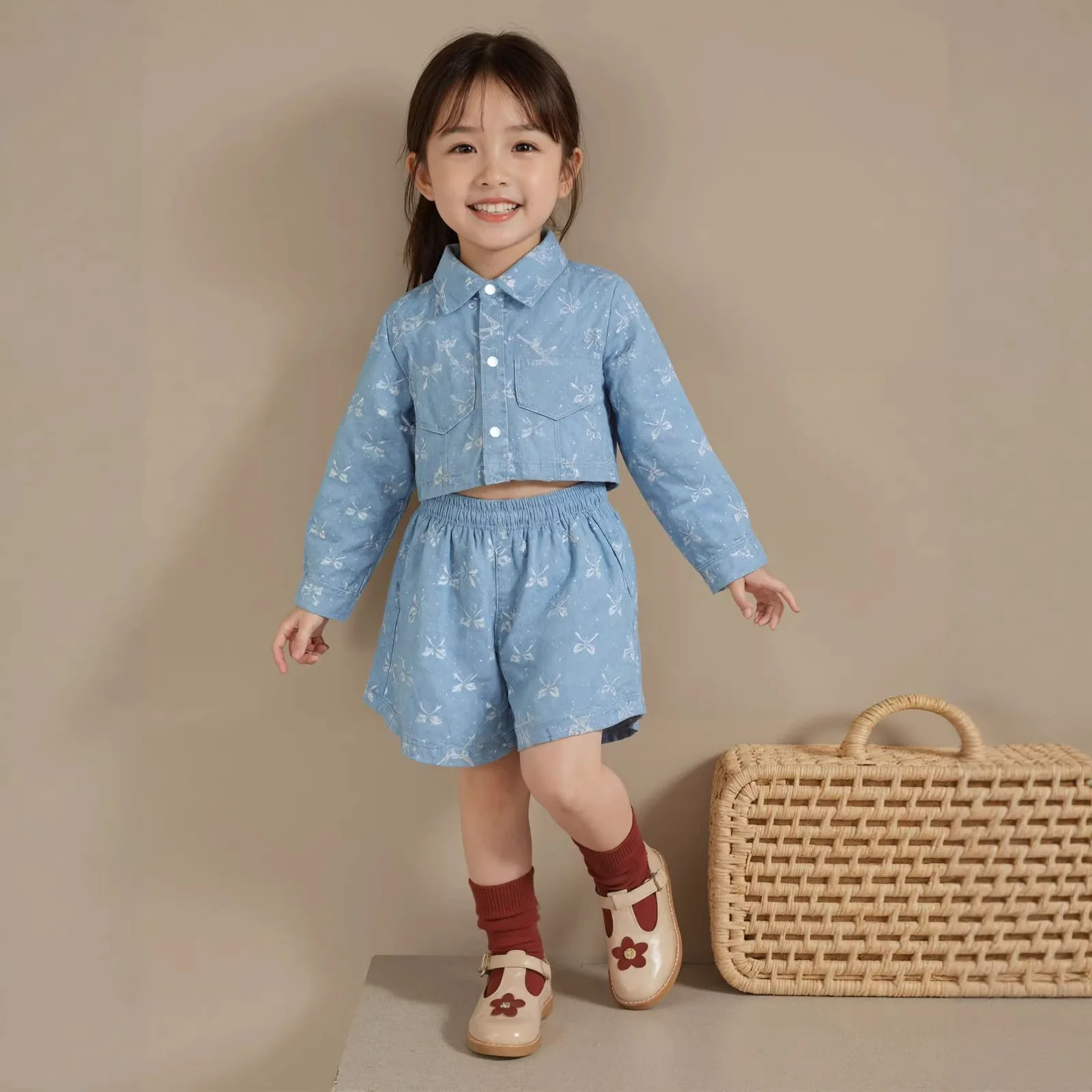 Two Piece Set 2026 Spring and Summer New Girl's Cowboy Children's Cute Printed Top Coat Casual and Fashion Suit