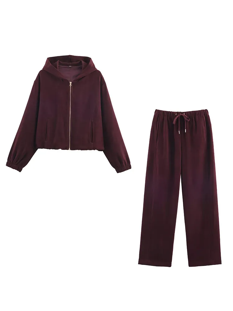 HH Frauen Mode Hosen Anzug Solide Lange Ärmel Tasche Mit Kapuze Zipper Kurze Jacke + Casual Lose Kordelzug Straße Breite bein Hosen