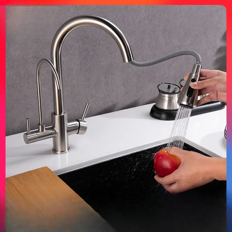 Bathroom Accessories, Kitchen Pull-out Hot and Cold Household Sink, Stainless Steel Water Purifier, Faucet