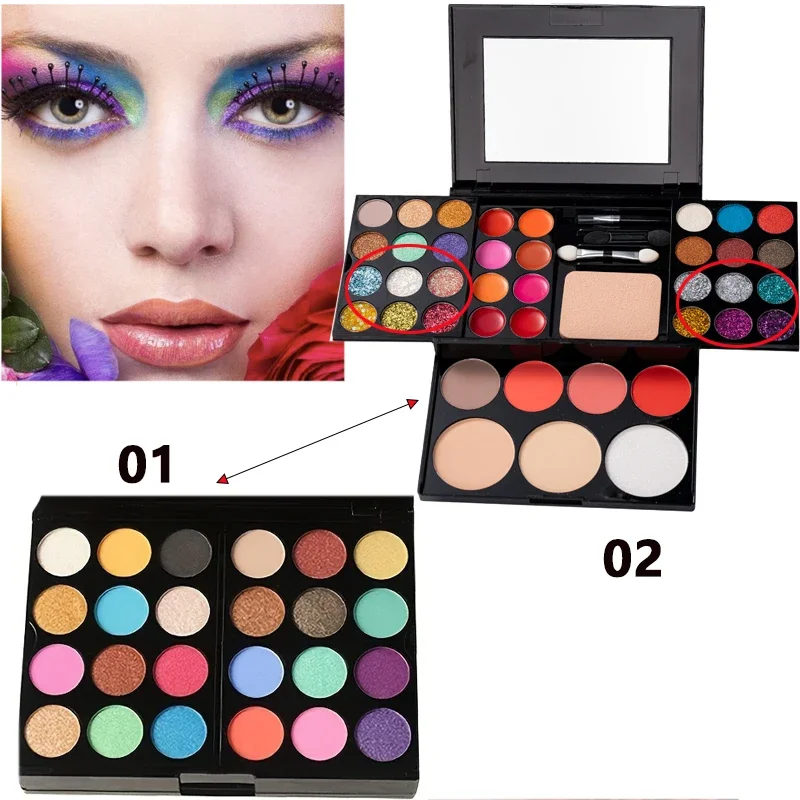 Mini Travel Size Makeup Palette Kit - Waterproof Eyeshadow Blush Pressed Powder Lipstick Set Women Korean Cosmetics COLOR:01