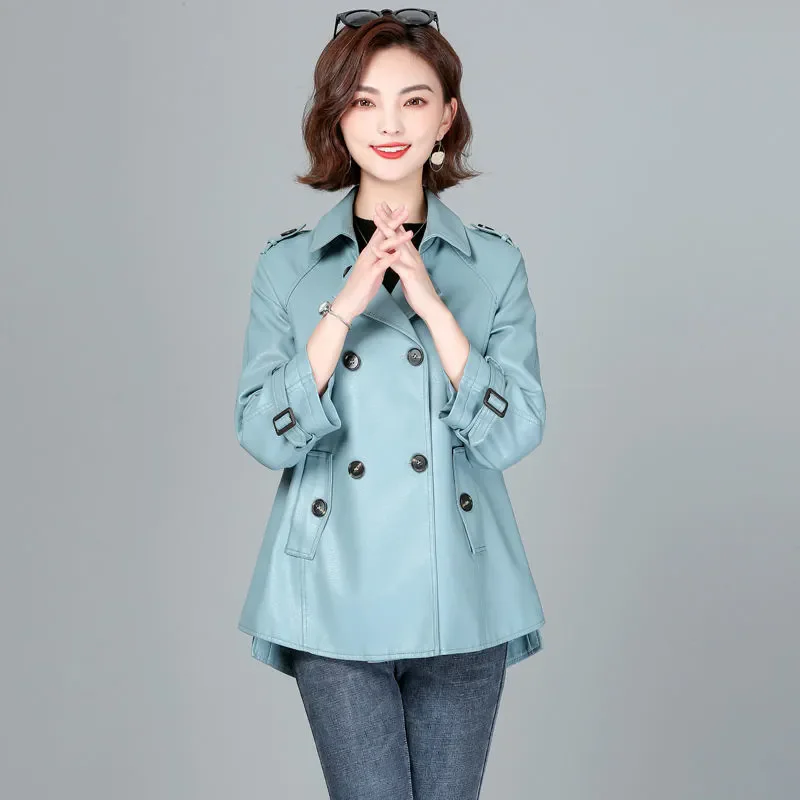 Chaqueta de cuero para mujer primavera otoño nueva moda coreana solapa doble botonadura Color sólido abrigo de cuero mujer prendas de vestir sueltas W775