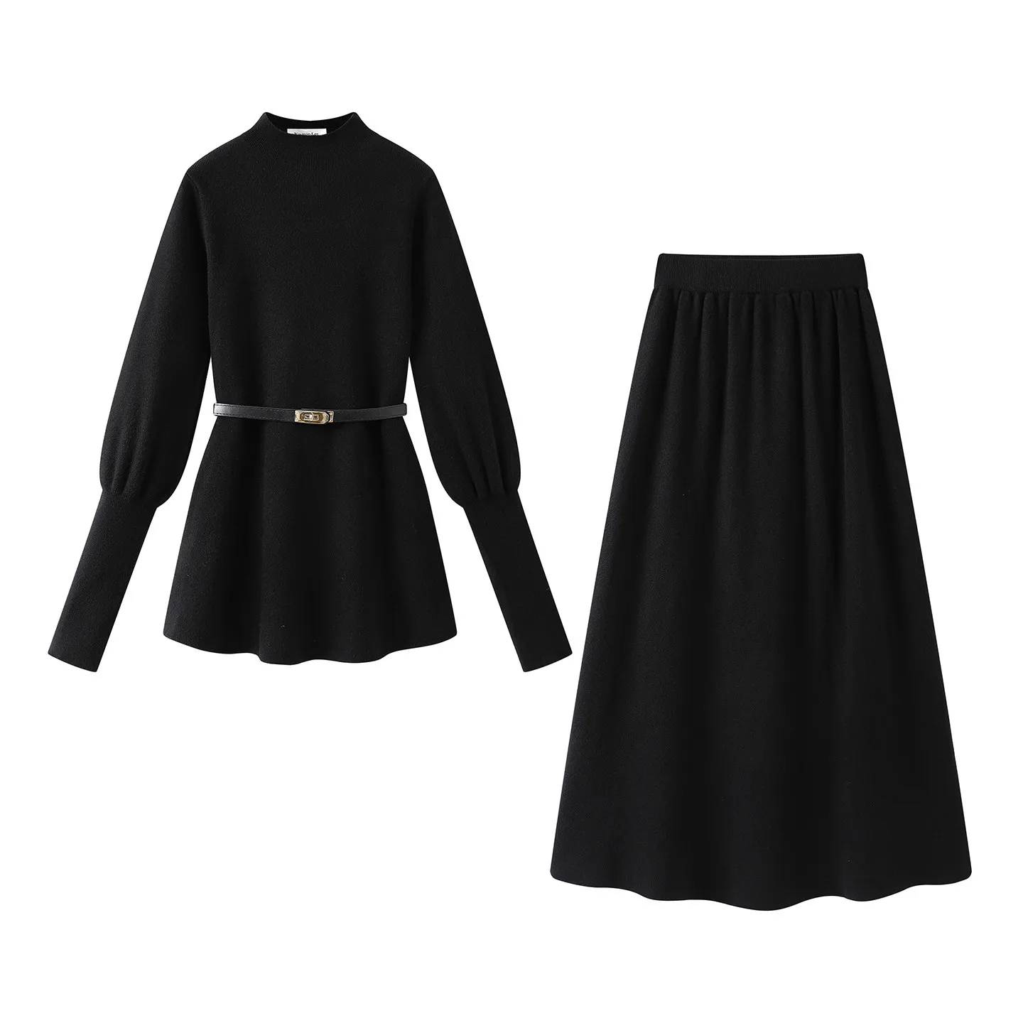 

Комплект SuperAen: роскошный вязаный топ в корейском стиле с воротником-стойкой и рукавами-фонариками, а также новая весенняя юбка А-силуэта с завышенной талией