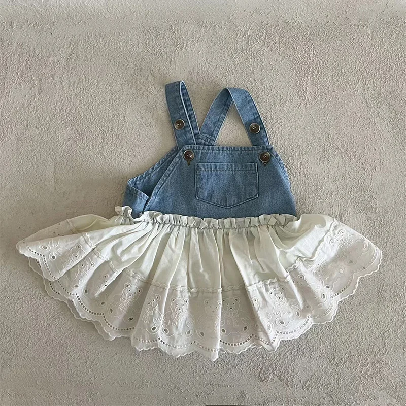 

LILIGIRL New Summer Baby Dress Toddler Denim+White Lace Stitching Cute Bear Dress Infant Outwear Birthday Dress For Baby