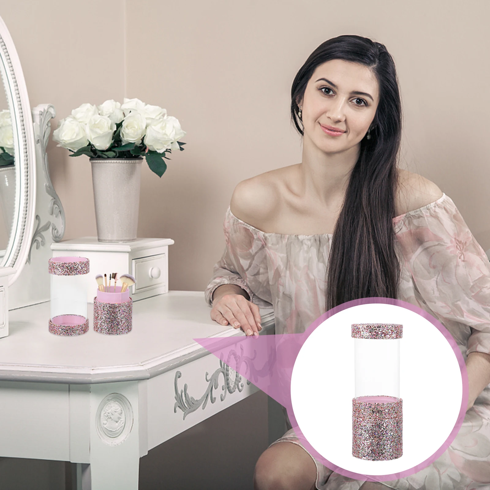 حامل فرشاة مكياج لامع، صندوق تخزين منظم بكوبين، حاوية أدوات سطح المكتب، حقيبة سفر أنيقة #5