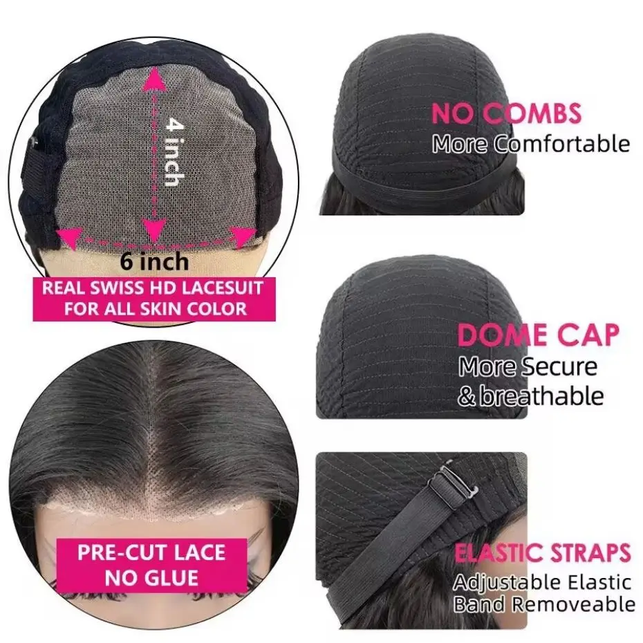 Pelucas de onda profunda sin pegamento para mujer, cabello humano 200% transparente brasileño listo para usar, 6x4, 5x5, rizado, cierre de encaje