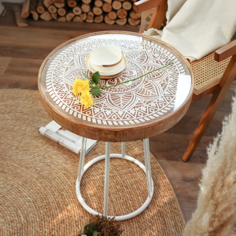 

Wooden Carved Iron round Table Art Side Table Coffee Shop Small Table