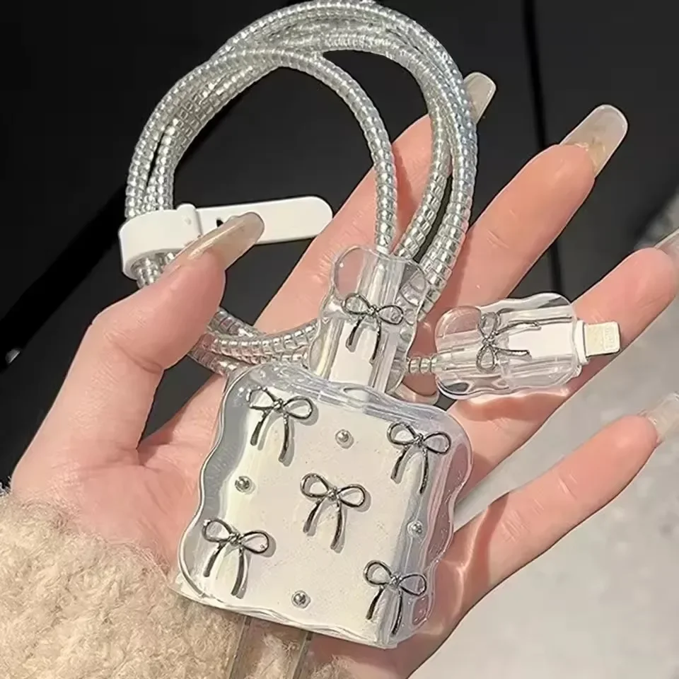Clear Bowknot USB Cable Protector Cover For Apple iPhone 18/20W Charger Cable Anti Scratch Protective Case Data Line Winder Kit