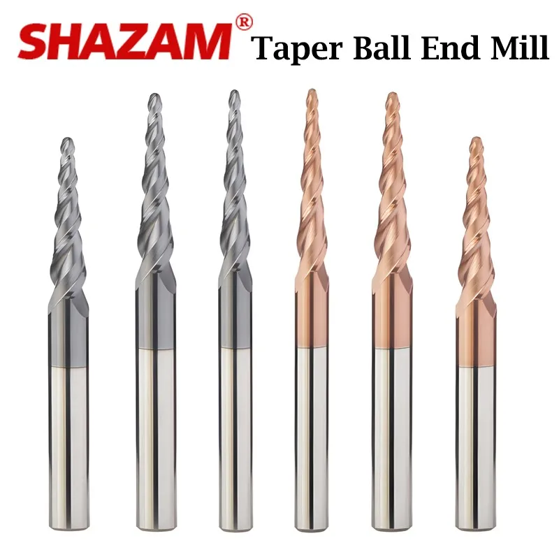 SHAZAM Conical Ball End Milling Cutters 2-Flutes Tungsten Steel Carbide R0.25-R2.0mm CNC Endmills HRC55 Extended Milling Cutter