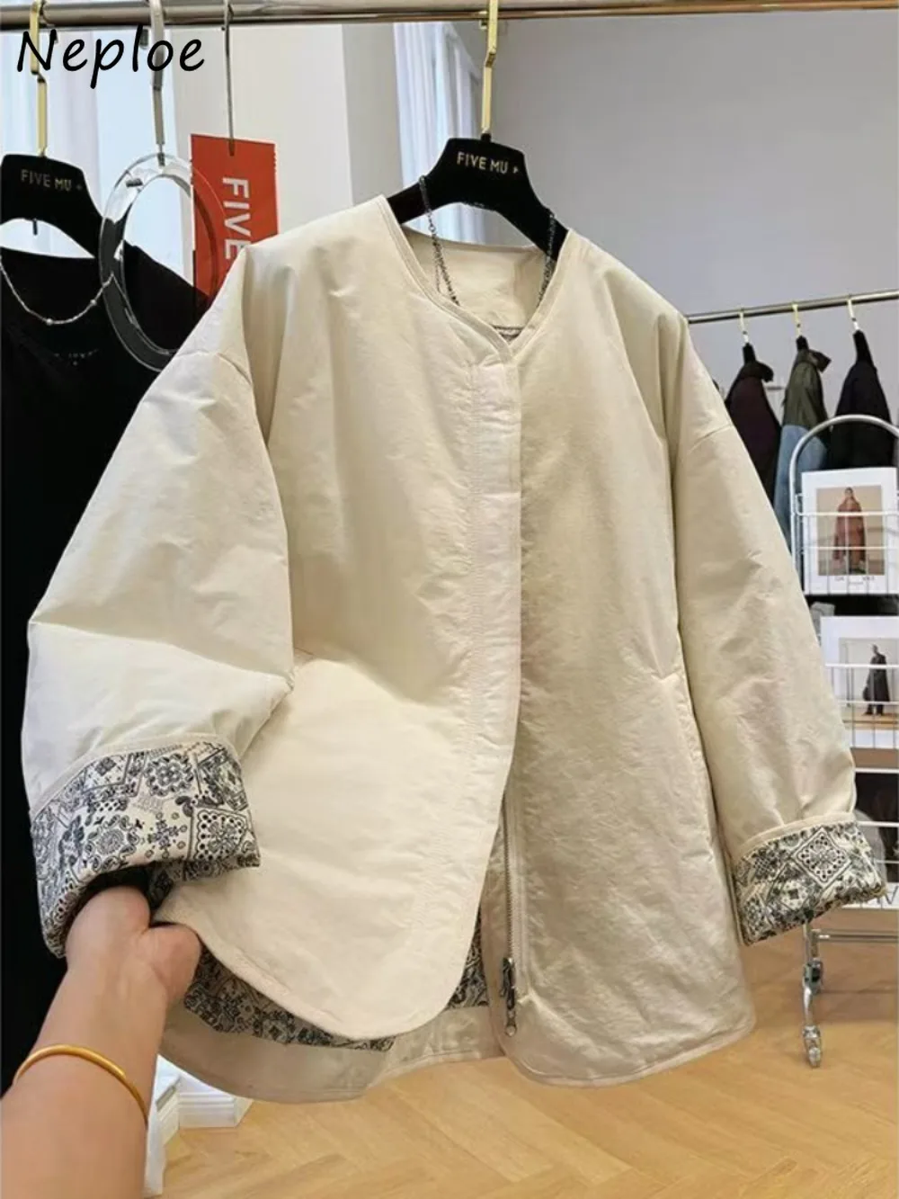 

Neploe Уникальные винтажные парки премиум-класса с круглым вырезом и длинными рукавами, ранняя осень, ленивое пальто, свободная повседневная универсальная верхняя одежда со вставками