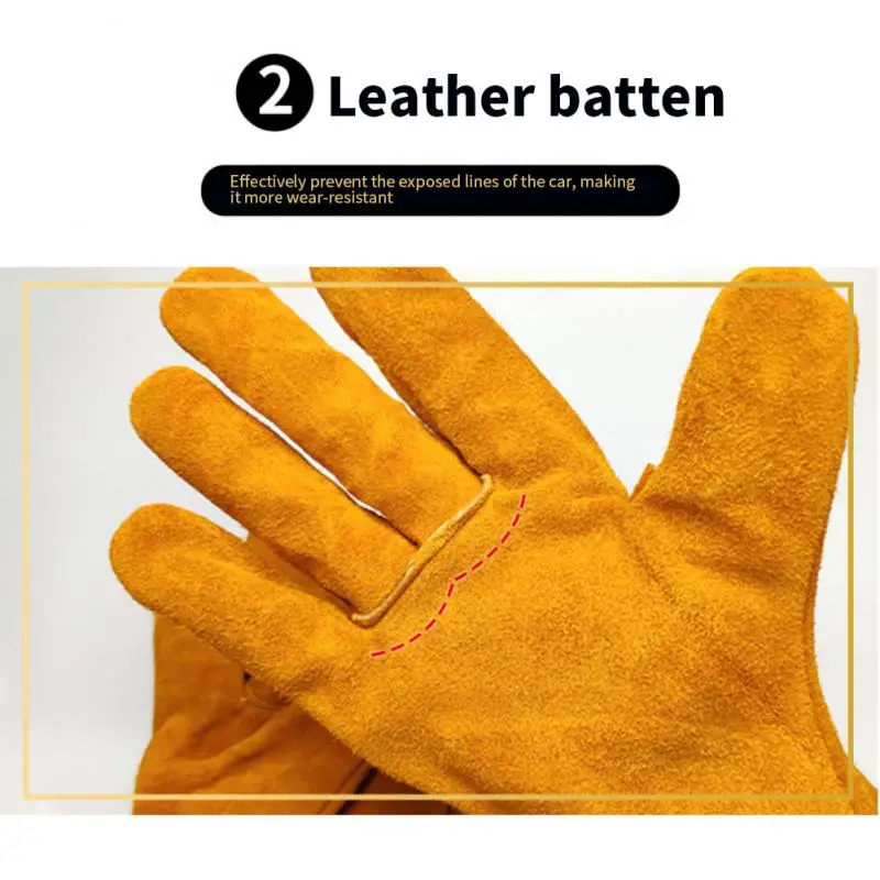 1 Pair Leather Fireproof Gloves Yellow Durable Anti-Heat Insulation Work Safety Gloves For Camping Welding Metal Hand Tools