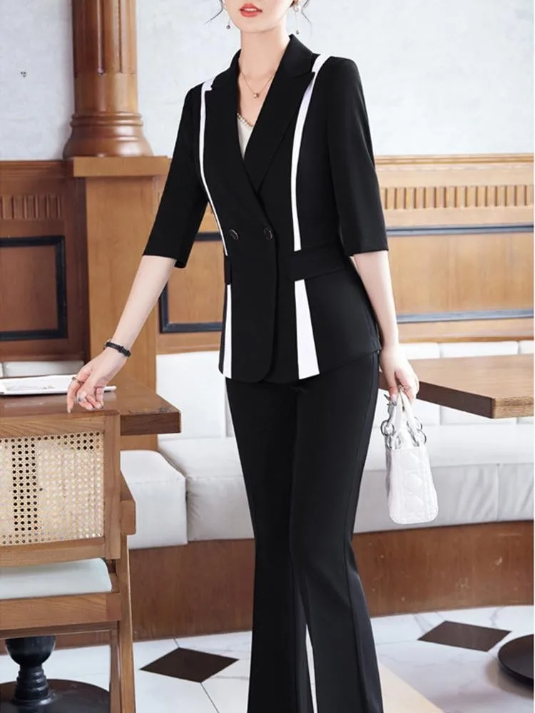 2025 Elegant Trend Pant Sets New Color Contrast Half Sleeve Suit Coat Women Fashion Pants Two Piece Set Pant Sets пиджак женский