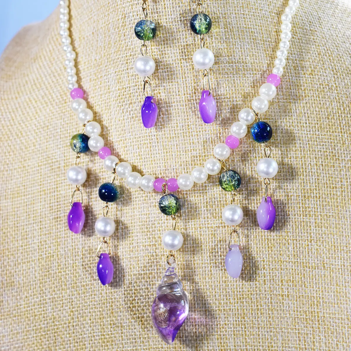 حلم الأرجواني البوب الزجاج الخرز تقليد اللؤلؤ مزيج قلادة أقراط الأزياء محارة قلادة هامش الاكسسوارات الرقبة مجوهرات #2