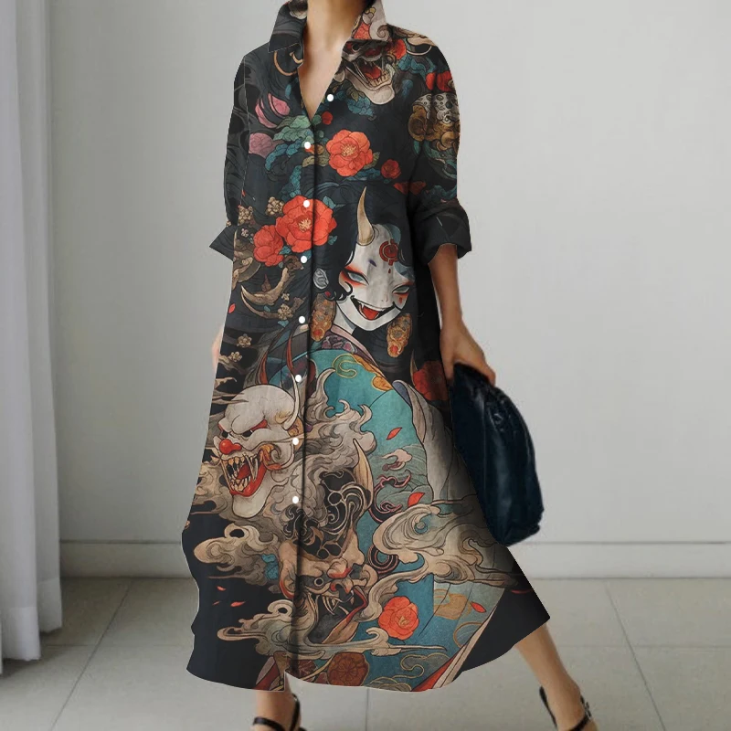 Classical Japanese Portrait Print Fashion Long-sleeved Shirt Dress Loose Single-breasted Long Skirt Street Fashion Long Skirt