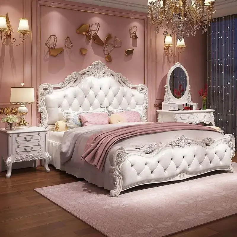 

Princess Beds Minimalist Double French Girls Backrest Pink Frame White Leather Queen Size Bed Wooden Mueble Luxury Furniture