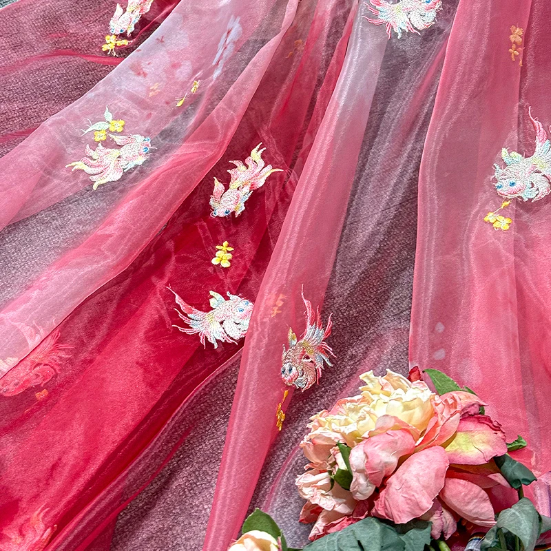 

50*150cm Chinese Style Koi Fish Embroidery Fabric Chic Tulle Designer Fabric For DIY Antique Hanfu Dress Dance Stage Costume