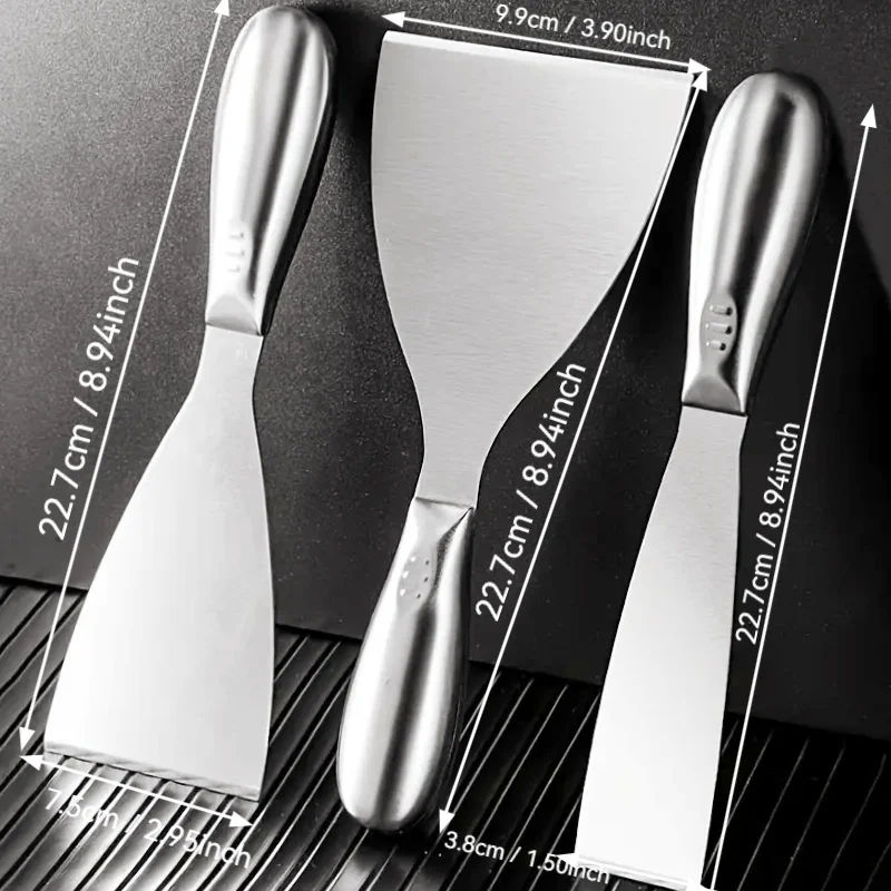 ‌3pc Stainless Steel Scraper Set - Heavy Duty Wall Putty Knife, Multi-Blade Paint/Paste Remover & Cutting Tool Kit
