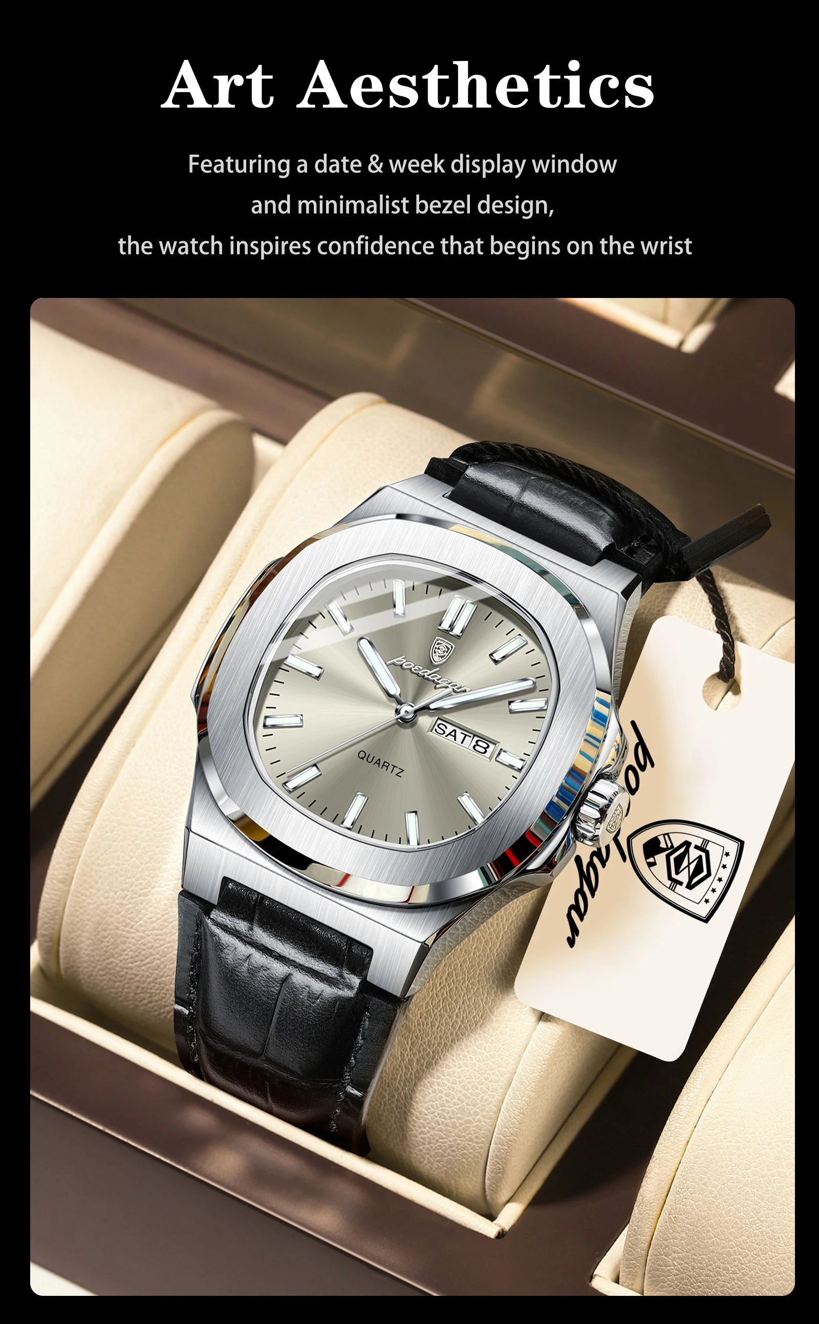 POEDAGAR Top Casual Herrenuhr Leuchtend Wasserdicht Leder Business Herren-Armbanduhr mit Wochentag und Datum Quarz Mode Herrenuhren Reloj – Detail 3