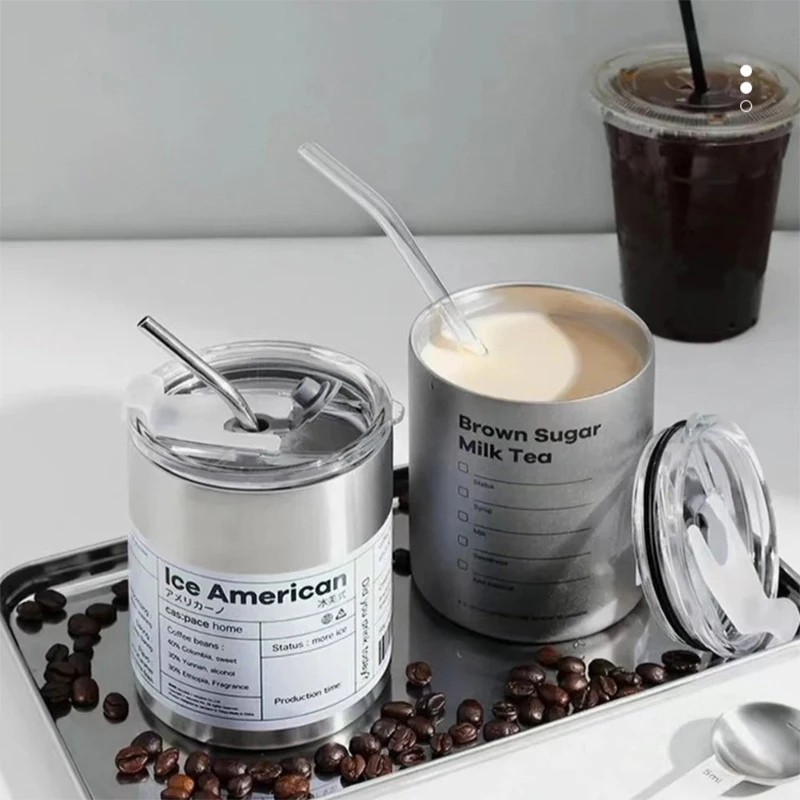 Stainless Steel Mug with Lid, Coffee Cup, Espresso Cups, Aesthetic Cold, Pretty Drinkware, Drink Items, Straw Bar, 320 ml, 600ml