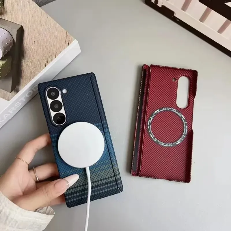 

Fashional Carbon Fiber Texture MagSafe Phone Case For Samsung Galaxy Z Fold 6 5 7 5G Magnetic Wireless Charging Shockproof Cover