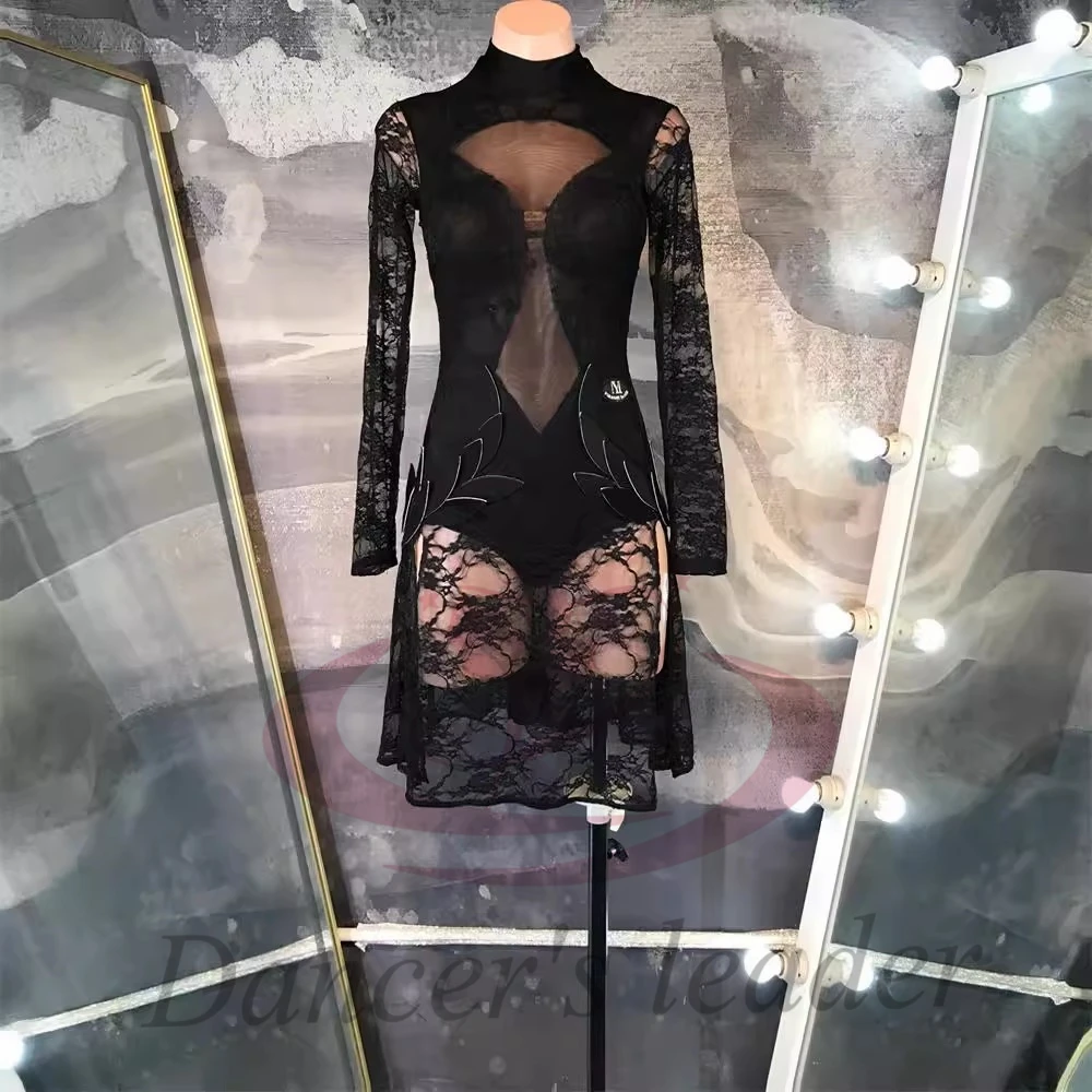 Latin Dancer Adult Children High-End Customized Black Embroidered Mesh High Neck Cha Cha Samba Professional Performance Dress