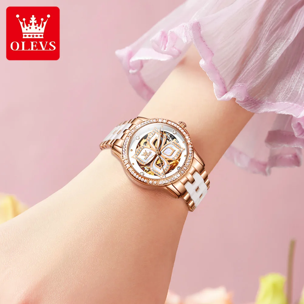 OLEVS Elegant Diamond Women\'s Watch Waterproof Women\'s Automatic Mechanical Watch Luxury Brand Skeleton Women\'s Watch Set 6612